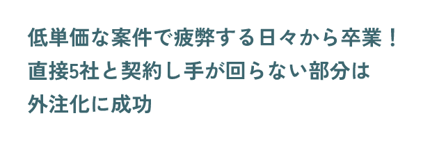 低単価な案件で疲弊する日々から卒業！直接5社と契約し手が回らない部分は外注化に成功